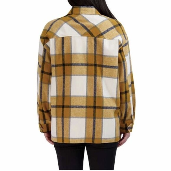 HFX Plaid Flannel Oversized Shacket Front Snap Shirt Jacket New Womens Yellow XL - Picture 7 of 13